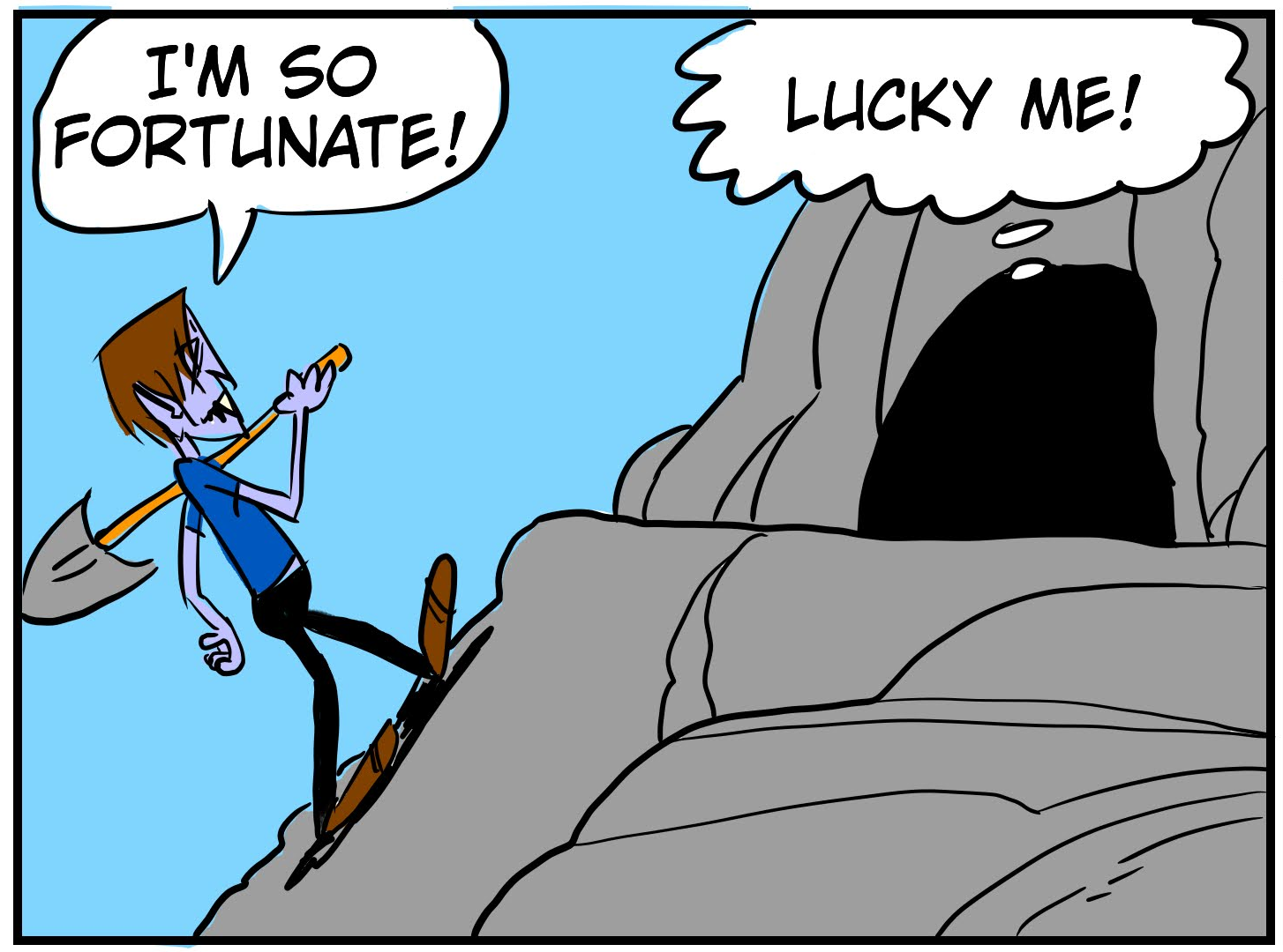 An 8-panel comic showing Monster walking into a cave and taking a nap. Panel 1: Monster walking up the mountain to the cave. Panel 2: Monster looking inside the cave. Panel 3: Monster laying down to nap. Panel 4: Bobert peeking from behind a stalactite. Panel 5: Bobert sneaking up behind the napping Monster. Panel 6: Bobert reading book of hexes. Panel 7: Bobert preparing to cast a hex. Panel 8: Bobert casting hex on Monster. - Panel 1