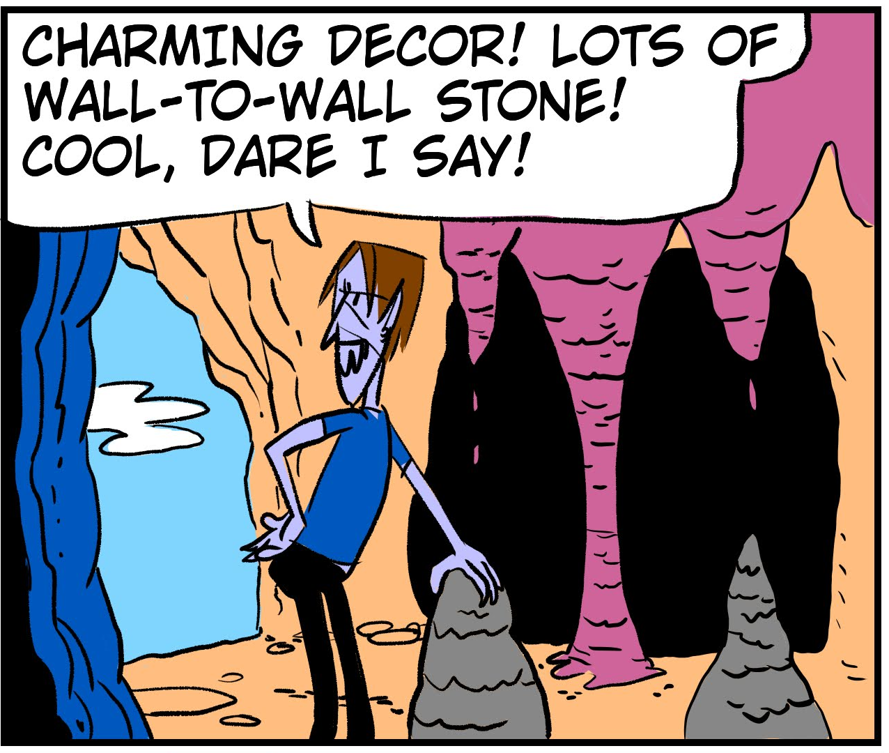 An 8-panel comic showing Monster walking into a cave and taking a nap. Panel 1: Monster walking up the mountain to the cave. Panel 2: Monster looking inside the cave. Panel 3: Monster laying down to nap. Panel 4: Bobert peeking from behind a stalactite. Panel 5: Bobert sneaking up behind the napping Monster. Panel 6: Bobert reading book of hexes. Panel 7: Bobert preparing to cast a hex. Panel 8: Bobert casting hex on Monster. - Panel 2