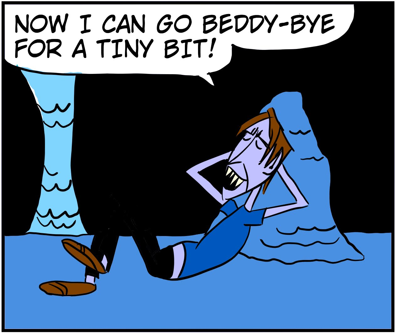 An 8-panel comic showing Monster walking into a cave and taking a nap. Panel 1: Monster walking up the mountain to the cave. Panel 2: Monster looking inside the cave. Panel 3: Monster laying down to nap. Panel 4: Bobert peeking from behind a stalactite. Panel 5: Bobert sneaking up behind the napping Monster. Panel 6: Bobert reading book of hexes. Panel 7: Bobert preparing to cast a hex. Panel 8: Bobert casting hex on Monster. - Panel 3