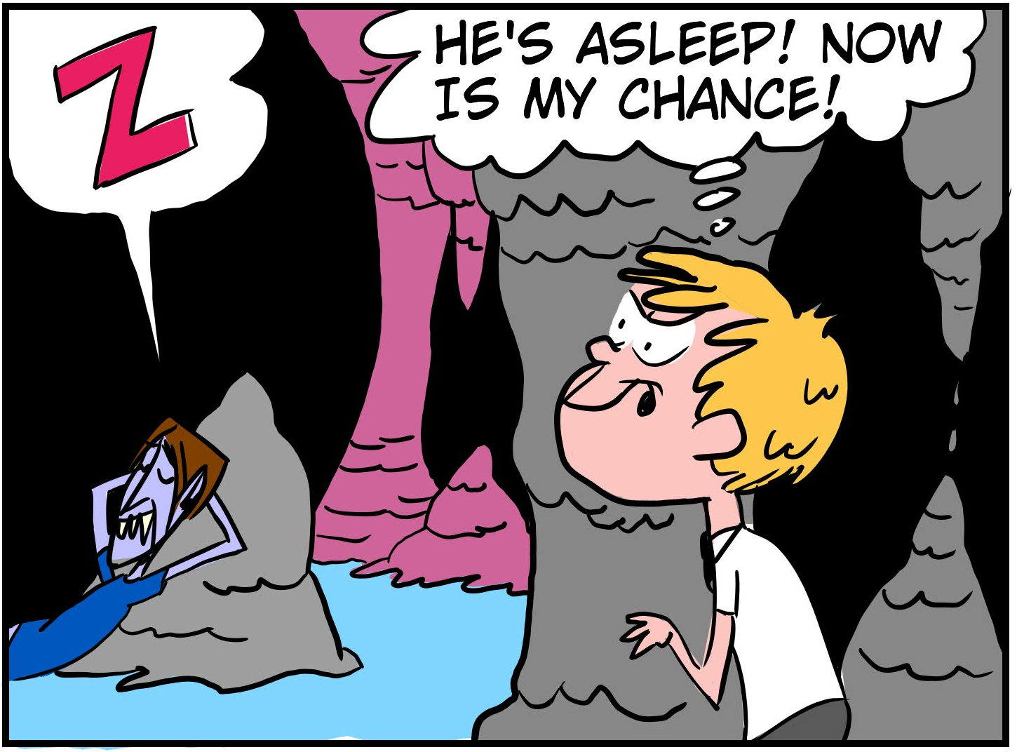 An 8-panel comic showing Monster walking into a cave and taking a nap. Panel 1: Monster walking up the mountain to the cave. Panel 2: Monster looking inside the cave. Panel 3: Monster laying down to nap. Panel 4: Bobert peeking from behind a stalactite. Panel 5: Bobert sneaking up behind the napping Monster. Panel 6: Bobert reading book of hexes. Panel 7: Bobert preparing to cast a hex. Panel 8: Bobert casting hex on Monster. - Panel 4