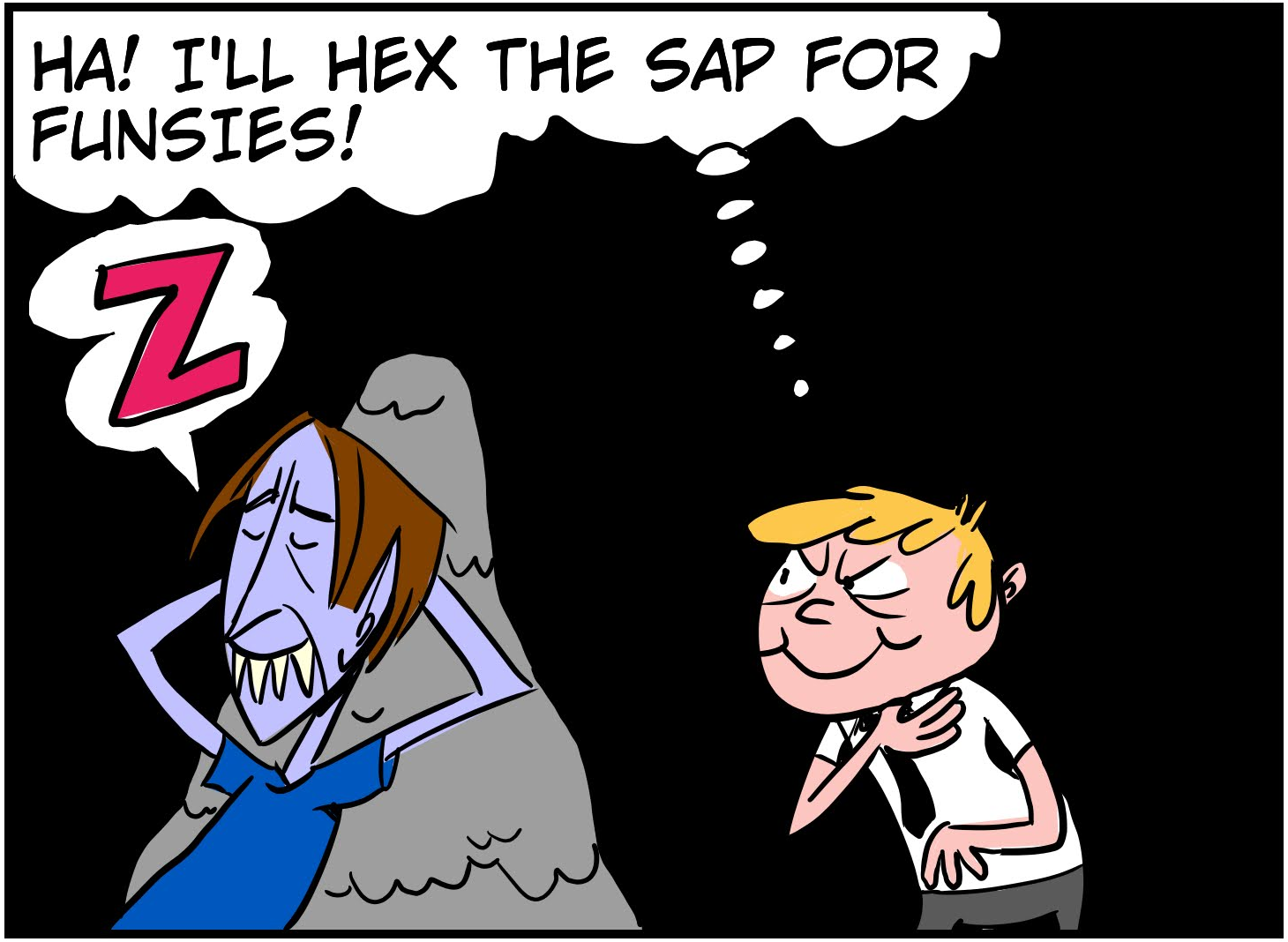 An 8-panel comic showing Monster walking into a cave and taking a nap. Panel 1: Monster walking up the mountain to the cave. Panel 2: Monster looking inside the cave. Panel 3: Monster laying down to nap. Panel 4: Bobert peeking from behind a stalactite. Panel 5: Bobert sneaking up behind the napping Monster. Panel 6: Bobert reading book of hexes. Panel 7: Bobert preparing to cast a hex. Panel 8: Bobert casting hex on Monster. - Panel 5