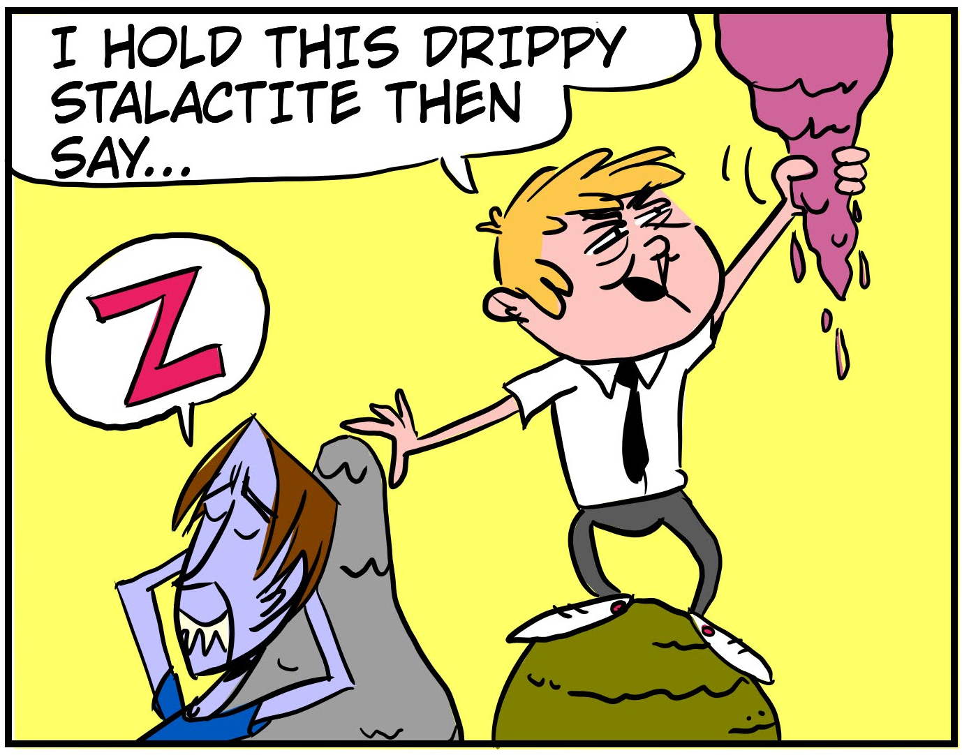 An 8-panel comic showing Monster walking into a cave and taking a nap. Panel 1: Monster walking up the mountain to the cave. Panel 2: Monster looking inside the cave. Panel 3: Monster laying down to nap. Panel 4: Bobert peeking from behind a stalactite. Panel 5: Bobert sneaking up behind the napping Monster. Panel 6: Bobert reading book of hexes. Panel 7: Bobert preparing to cast a hex. Panel 8: Bobert casting hex on Monster. - Panel 7