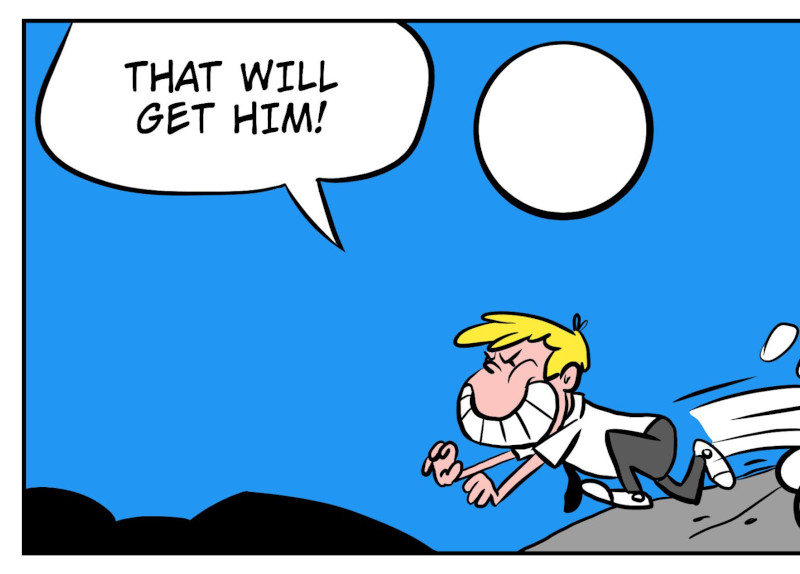 An 8-panel comic showing Monster waking up in a cave after Bobert has put a hex on him. Panel 1: Bobert running out of the cave. Panel 2: Monster still sleeping in the cave. Panel 3: Monster waking up from his nap. Panel 4: Monster having trouble walking. Panel 5: Moster walking shakily outside. Panel 6: Monster sees it starts to rain. Panel 7: Bobert wearing a mask under a tree as Monster crawls towards him. Panel 8: A masked Bobert and Monster sitting under the tree. - Panel 1