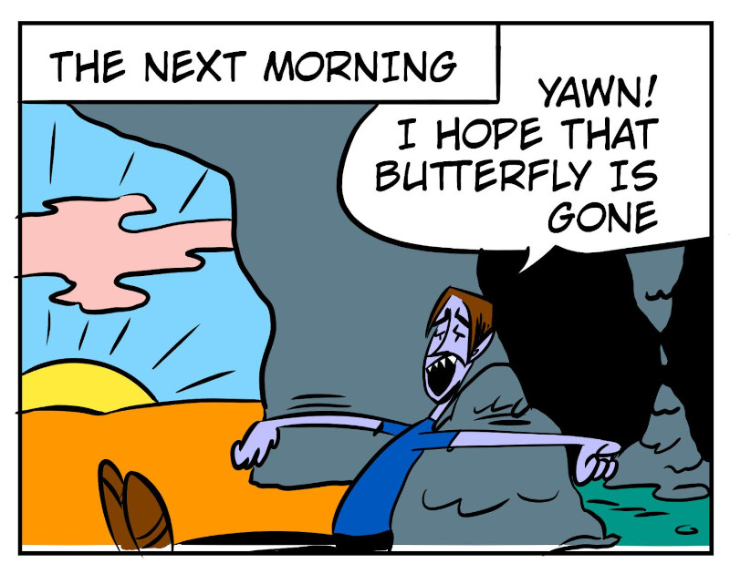 An 8-panel comic showing Monster waking up in a cave after Bobert has put a hex on him. Panel 1: Bobert running out of the cave. Panel 2: Monster still sleeping in the cave. Panel 3: Monster waking up from his nap. Panel 4: Monster having trouble walking. Panel 5: Moster walking shakily outside. Panel 6: Monster sees it starts to rain. Panel 7: Bobert wearing a mask under a tree as Monster crawls towards him. Panel 8: A masked Bobert and Monster sitting under the tree. - Panel 3