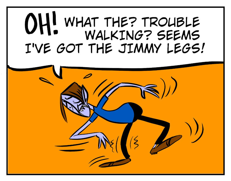 An 8-panel comic showing Monster waking up in a cave after Bobert has put a hex on him. Panel 1: Bobert running out of the cave. Panel 2: Monster still sleeping in the cave. Panel 3: Monster waking up from his nap. Panel 4: Monster having trouble walking. Panel 5: Moster walking shakily outside. Panel 6: Monster sees it starts to rain. Panel 7: Bobert wearing a mask under a tree as Monster crawls towards him. Panel 8: A masked Bobert and Monster sitting under the tree. - Panel 4