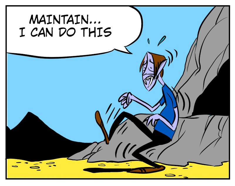 An 8-panel comic showing Monster waking up in a cave after Bobert has put a hex on him. Panel 1: Bobert running out of the cave. Panel 2: Monster still sleeping in the cave. Panel 3: Monster waking up from his nap. Panel 4: Monster having trouble walking. Panel 5: Moster walking shakily outside. Panel 6: Monster sees it starts to rain. Panel 7: Bobert wearing a mask under a tree as Monster crawls towards him. Panel 8: A masked Bobert and Monster sitting under the tree. - Panel 5