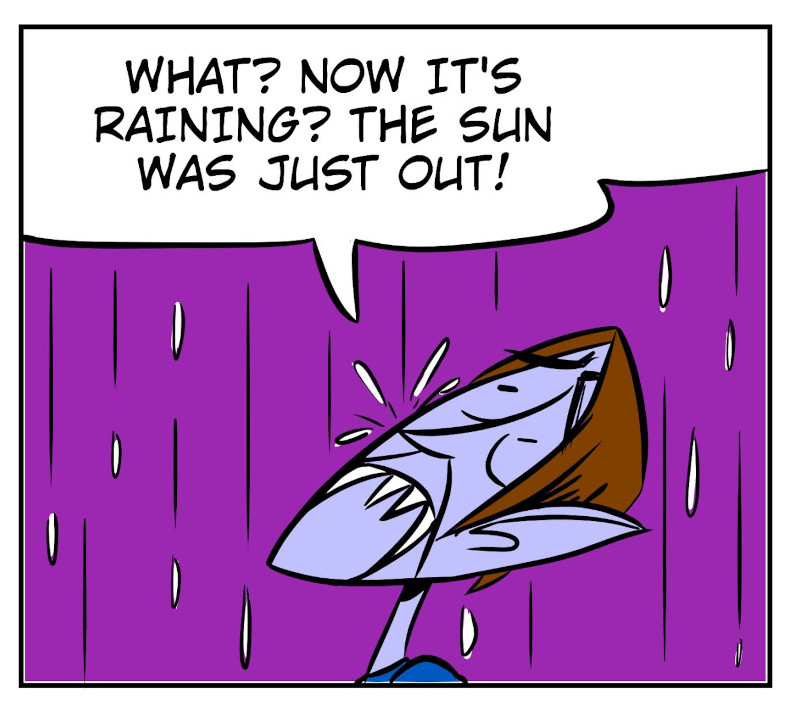 An 8-panel comic showing Monster waking up in a cave after Bobert has put a hex on him. Panel 1: Bobert running out of the cave. Panel 2: Monster still sleeping in the cave. Panel 3: Monster waking up from his nap. Panel 4: Monster having trouble walking. Panel 5: Moster walking shakily outside. Panel 6: Monster sees it starts to rain. Panel 7: Bobert wearing a mask under a tree as Monster crawls towards him. Panel 8: A masked Bobert and Monster sitting under the tree. - Panel 6