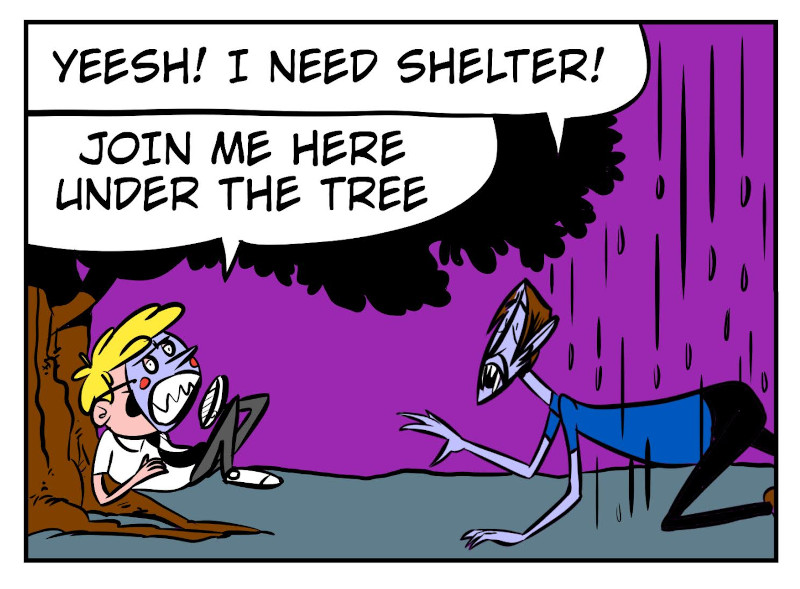 An 8-panel comic showing Monster waking up in a cave after Bobert has put a hex on him. Panel 1: Bobert running out of the cave. Panel 2: Monster still sleeping in the cave. Panel 3: Monster waking up from his nap. Panel 4: Monster having trouble walking. Panel 5: Moster walking shakily outside. Panel 6: Monster sees it starts to rain. Panel 7: Bobert wearing a mask under a tree as Monster crawls towards him. Panel 8: A masked Bobert and Monster sitting under the tree. - Panel 7