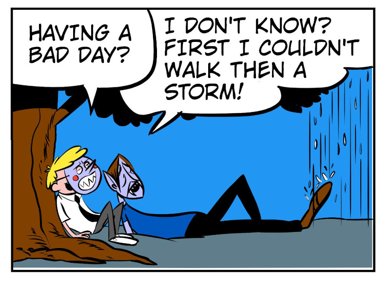 An 8-panel comic showing Monster waking up in a cave after Bobert has put a hex on him. Panel 1: Bobert running out of the cave. Panel 2: Monster still sleeping in the cave. Panel 3: Monster waking up from his nap. Panel 4: Monster having trouble walking. Panel 5: Moster walking shakily outside. Panel 6: Monster sees it starts to rain. Panel 7: Bobert wearing a mask under a tree as Monster crawls towards him. Panel 8: A masked Bobert and Monster sitting under the tree. - Panel 8