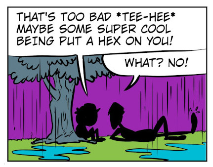 An 8-panel comic showing Monster talking to a disguised Bobert who knocks him out to get a head start. Panel 1: Bobert in a mask talking to Monster. Panel 2: Monster tells Bobert about his hidden loot. Panel 3: Bobert heads off and Monster tries walking. Panel 4: A baseball heads towards Monster. Panel 5: Moster bonked in the head by a ball. Panel 6: Monster knocked out. Panel 7: Monster wakes up. Panel 8: Wind blows in Monsters face. - Panel 1