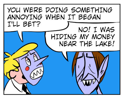 An 8-panel comic showing Monster talking to a disguised Bobert who knocks him out to get a head start. Panel 1: Bobert in a mask talking to Monster. Panel 2: Monster tells Bobert about his hidden loot. Panel 3: Bobert heads off and Monster tries walking. Panel 4: A baseball heads towards Monster. Panel 5: Moster bonked in the head by a ball. Panel 6: Monster knocked out. Panel 7: Monster wakes up. Panel 8: Wind blows in Monsters face. - Panel 2