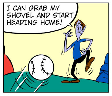 An 8-panel comic showing Monster talking to a disguised Bobert who knocks him out to get a head start. Panel 1: Bobert in a mask talking to Monster. Panel 2: Monster tells Bobert about his hidden loot. Panel 3: Bobert heads off and Monster tries walking. Panel 4: A baseball heads towards Monster. Panel 5: Moster bonked in the head by a ball. Panel 6: Monster knocked out. Panel 7: Monster wakes up. Panel 8: Wind blows in Monsters face. - Panel 4