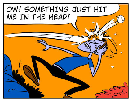 An 8-panel comic showing Monster talking to a disguised Bobert who knocks him out to get a head start. Panel 1: Bobert in a mask talking to Monster. Panel 2: Monster tells Bobert about his hidden loot. Panel 3: Bobert heads off and Monster tries walking. Panel 4: A baseball heads towards Monster. Panel 5: Moster bonked in the head by a ball. Panel 6: Monster knocked out. Panel 7: Monster wakes up. Panel 8: Wind blows in Monsters face. - Panel 5