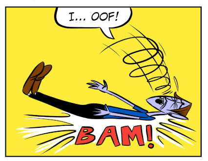 An 8-panel comic showing Monster talking to a disguised Bobert who knocks him out to get a head start. Panel 1: Bobert in a mask talking to Monster. Panel 2: Monster tells Bobert about his hidden loot. Panel 3: Bobert heads off and Monster tries walking. Panel 4: A baseball heads towards Monster. Panel 5: Moster bonked in the head by a ball. Panel 6: Monster knocked out. Panel 7: Monster wakes up. Panel 8: Wind blows in Monsters face. - Panel 6