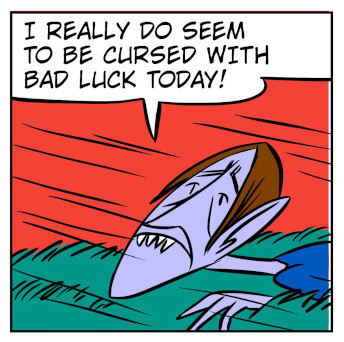 An 8-panel comic showing Monster talking to a disguised Bobert who knocks him out to get a head start. Panel 1: Bobert in a mask talking to Monster. Panel 2: Monster tells Bobert about his hidden loot. Panel 3: Bobert heads off and Monster tries walking. Panel 4: A baseball heads towards Monster. Panel 5: Moster bonked in the head by a ball. Panel 6: Monster knocked out. Panel 7: Monster wakes up. Panel 8: Wind blows in Monsters face. - Panel 8