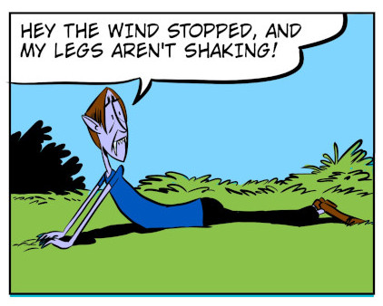 An 8-panel comic showing Monster waking up after the previous page story. Panel 1: Bobert wakes up in the grass. Panel 2: Monster thinks to himself he feels better. Panel 3: Monster runs back to the cave. Panel 4: Monster thinking as he walks up to cave. Panel 5: Monster suddenly feels shaky. Panel 6: An earthquake erupts. Panel 7: Monster on the ground again. Panel 8: Monster tries to stand up in pain. - Panel 1