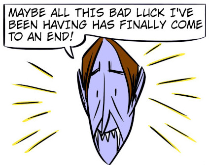 An 8-panel comic showing Monster waking up after the previous page story. Panel 1: Bobert wakes up in the grass. Panel 2: Monster thinks to himself he feels better. Panel 3: Monster runs back to the cave. Panel 4: Monster thinking as he walks up to cave. Panel 5: Monster suddenly feels shaky. Panel 6: An earthquake erupts. Panel 7: Monster on the ground again. Panel 8: Monster tries to stand up in pain. - Panel 2