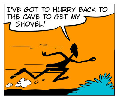 An 8-panel comic showing Monster waking up after the previous page story. Panel 1: Bobert wakes up in the grass. Panel 2: Monster thinks to himself he feels better. Panel 3: Monster runs back to the cave. Panel 4: Monster thinking as he walks up to cave. Panel 5: Monster suddenly feels shaky. Panel 6: An earthquake erupts. Panel 7: Monster on the ground again. Panel 8: Monster tries to stand up in pain. - Panel 3