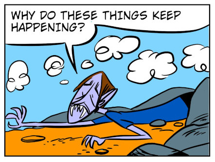 An 8-panel comic showing Monster waking up after the previous page story. Panel 1: Bobert wakes up in the grass. Panel 2: Monster thinks to himself he feels better. Panel 3: Monster runs back to the cave. Panel 4: Monster thinking as he walks up to cave. Panel 5: Monster suddenly feels shaky. Panel 6: An earthquake erupts. Panel 7: Monster on the ground again. Panel 8: Monster tries to stand up in pain. - Panel 7