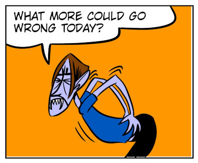 An 8-panel comic showing Monster waking up after the previous page story. Panel 1: Bobert wakes up in the grass. Panel 2: Monster thinks to himself he feels better. Panel 3: Monster runs back to the cave. Panel 4: Monster thinking as he walks up to cave. Panel 5: Monster suddenly feels shaky. Panel 6: An earthquake erupts. Panel 7: Monster on the ground again. Panel 8: Monster tries to stand up in pain. - Panel 8