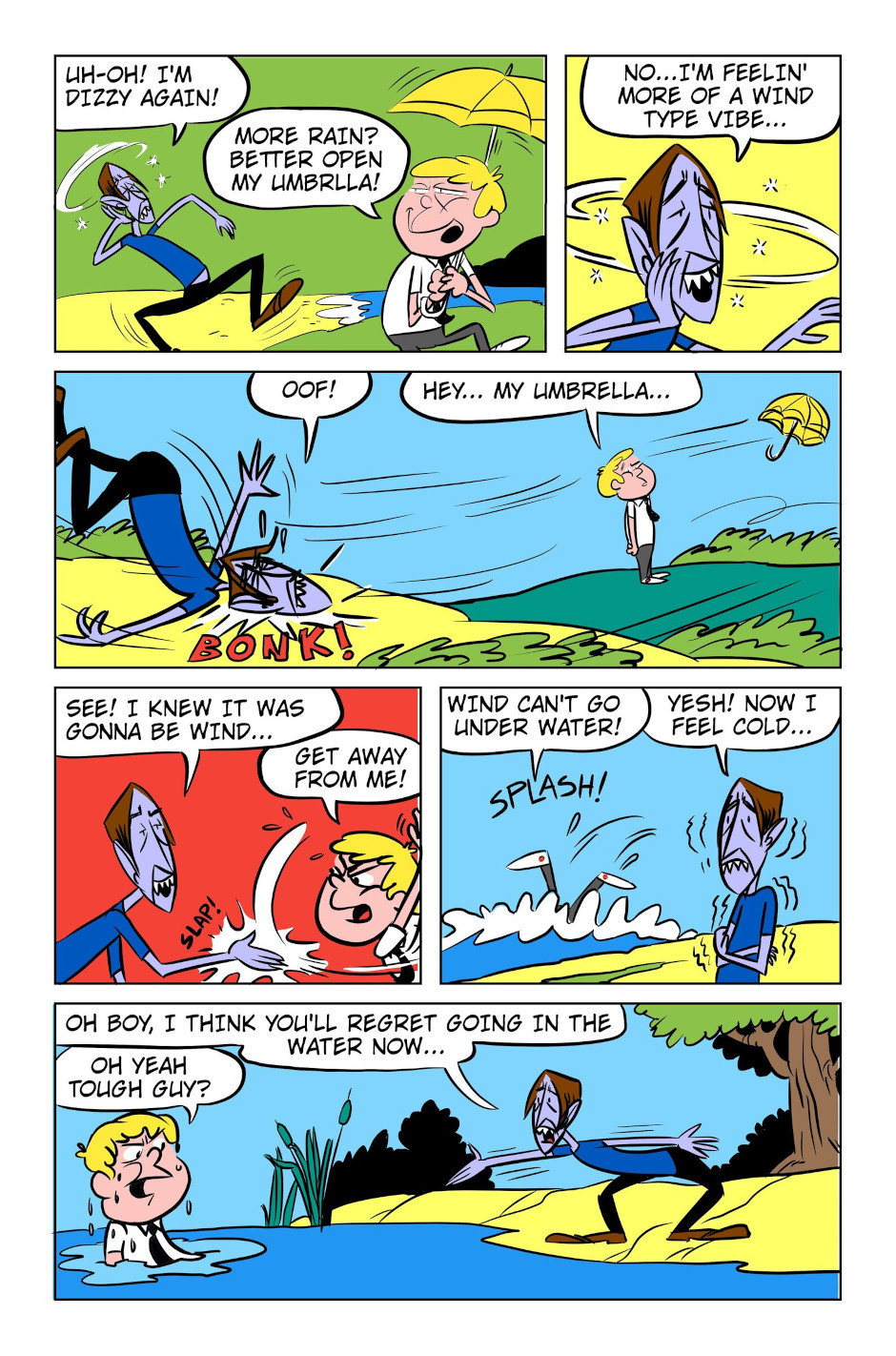 A 6-panel comic showing Monster harnessing his bad luck to a nearby Bobert. Panel 1-3: Monster feels more bad luck coming and bobert thinks it's more rain, but it's heavy wind that blows his umbrella away. Panel 4-6: Bobert jumps in the water to avoid the wind and Monster starts to feel a chill and warns Bobert that jumping in the water might be a bad idea