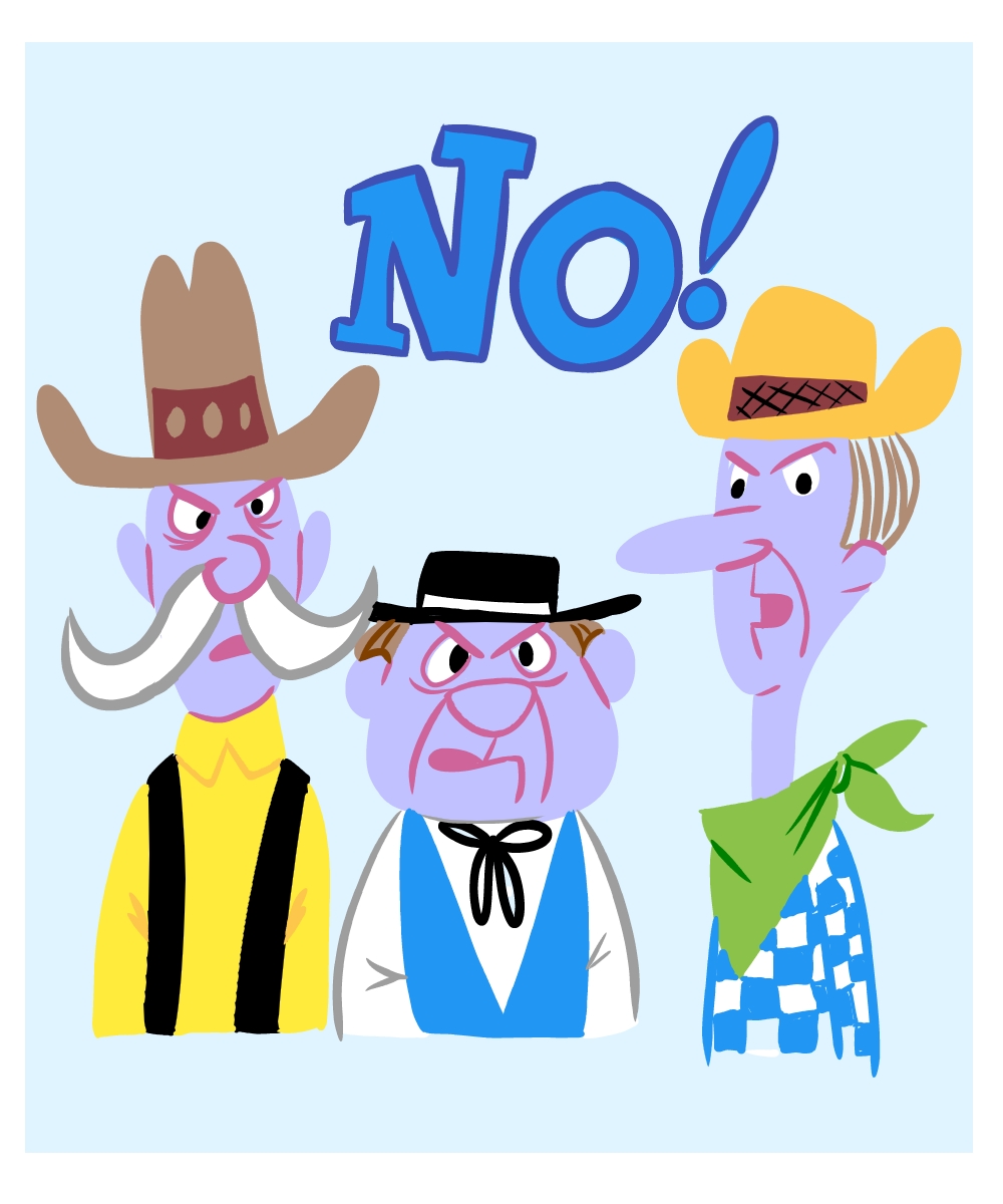 An illustration of three cowboys saying no