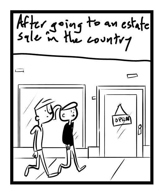 A four-panel comic about people stopping into a new coffee shop - Panel 1
