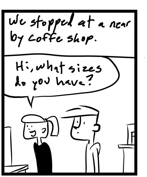 A four-panel comic about people stopping into a new coffee shop - Panel 2
