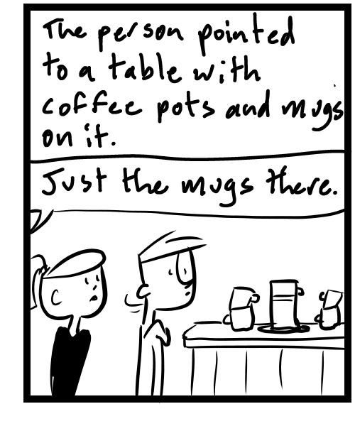 A four-panel comic about people stopping into a new coffee shop - Panel 3