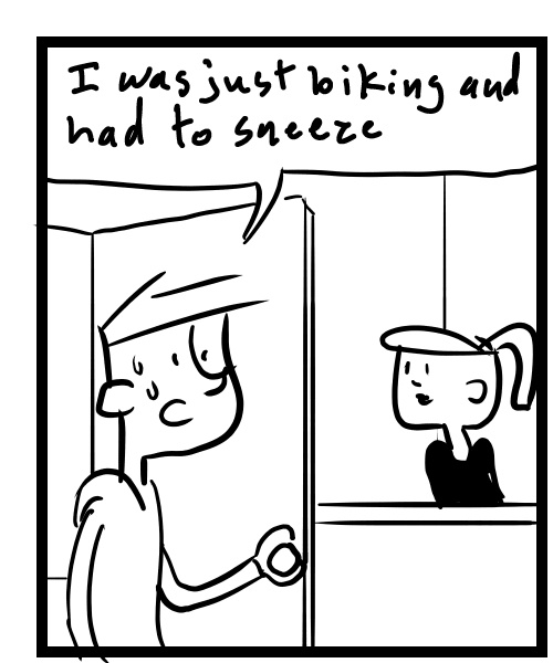 A four-panel comic about people talking about sneeze politeness - Panel 1