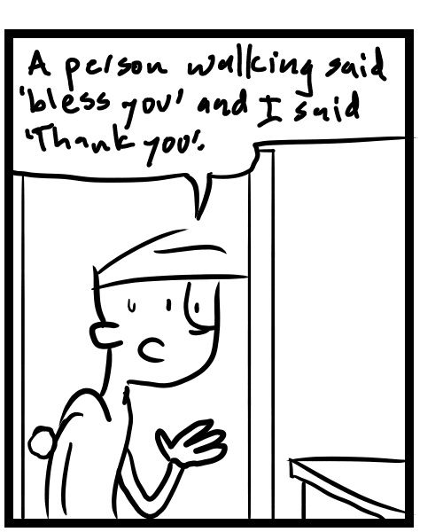 A four-panel comic about people talking about sneeze politeness - Panel 2