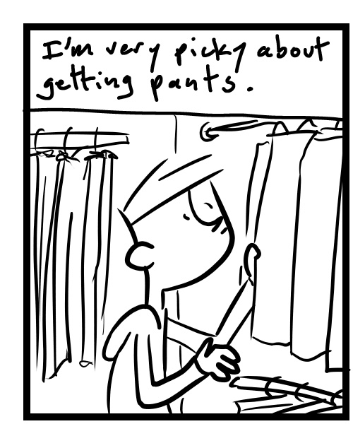 A four-panel comic about people looking for the right size pants - Panel 1