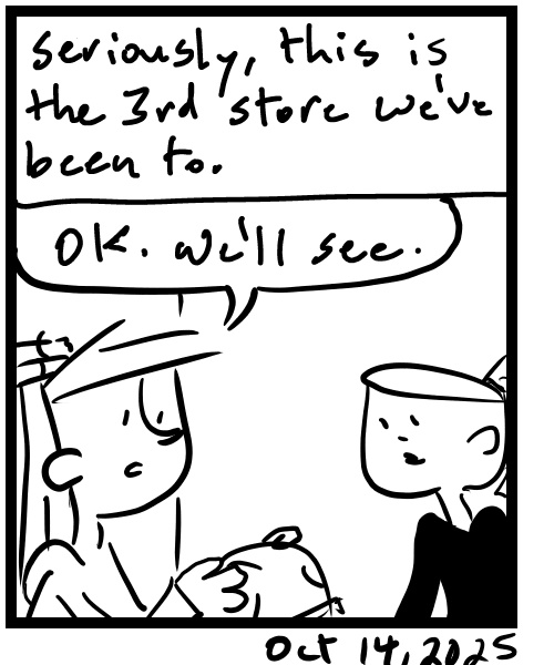 A four-panel comic about people looking for the right size pants - Panel 4