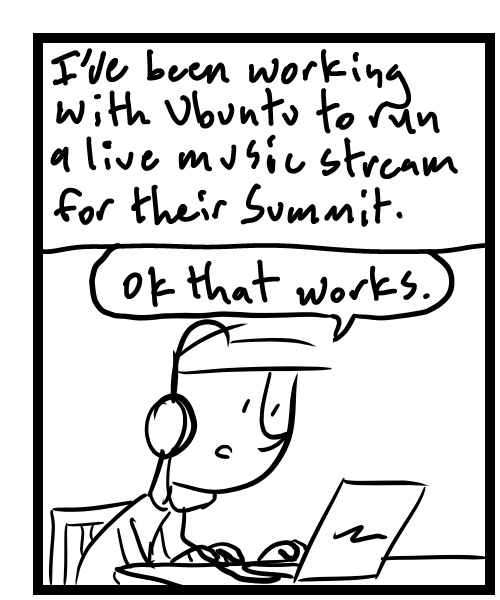 A four-panel comic about a person setting up a music live stream event - Panel 1