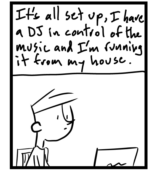 A four-panel comic about a person setting up a music live stream event - Panel 3