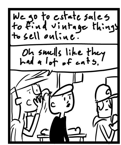 A four-panel comic about people looking around an estate sale - Panel 1