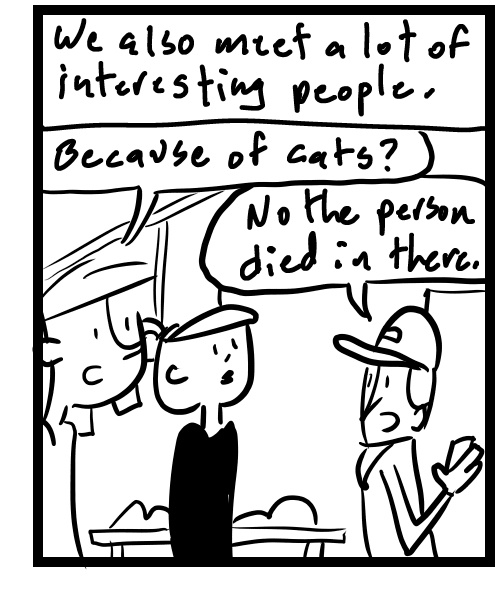 A four-panel comic about people looking around an estate sale - Panel 3