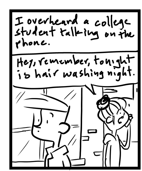A four-panel comic about a person overhearing a phone conversation - Panel 1