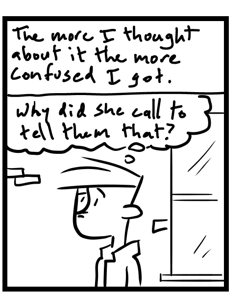 A four-panel comic about a person overhearing a phone conversation - Panel 2