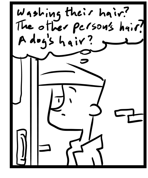 A four-panel comic about a person overhearing a phone conversation - Panel 3