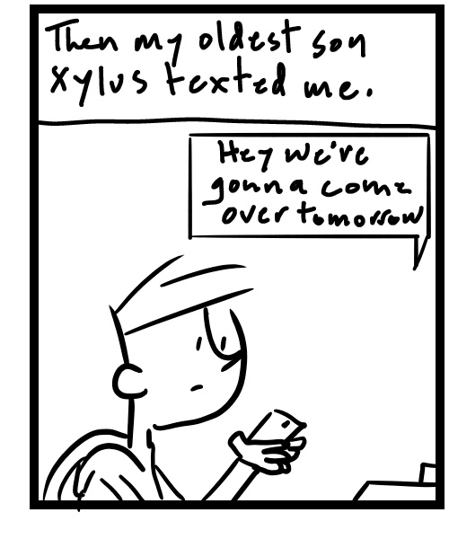 A four-panel comic about a person thinking about a text message - Panel 3