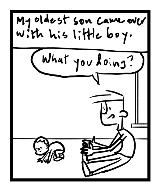 A four-panel comic about a person interacting with his grandson - Panel 1