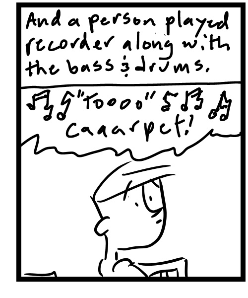 A four-panel comic about a person listening to a band play next door - Panel 3