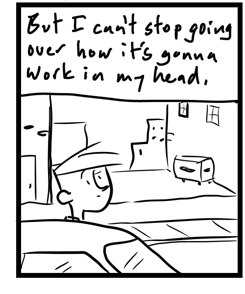 A four-panel comic about a person thinking about a music app idea - Panel 3