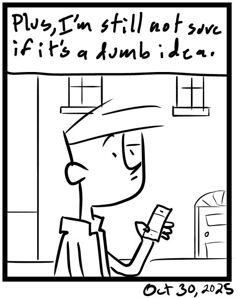 A four-panel comic about a person thinking about a music app idea - Panel 4