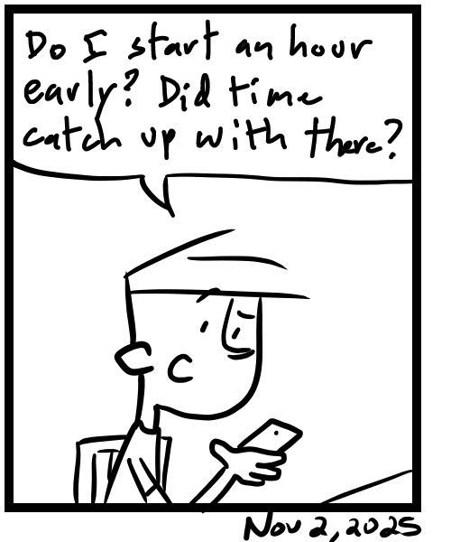 A four-panel comic about a person trying to figure out daylight savings time and it's effect on timezones - Panel 4