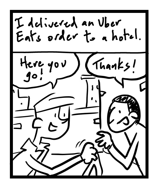A four-panel comic about a person dropping off a food delivery - Panel 1
