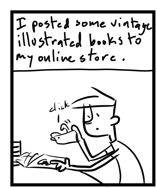 A four-panel comic about a person taking pictures of books - Panel 1