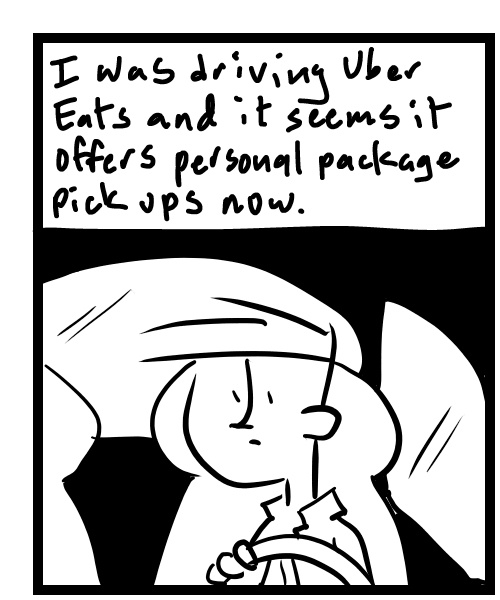 A four-panel comic about a person picking up a package in his car - Panel 1