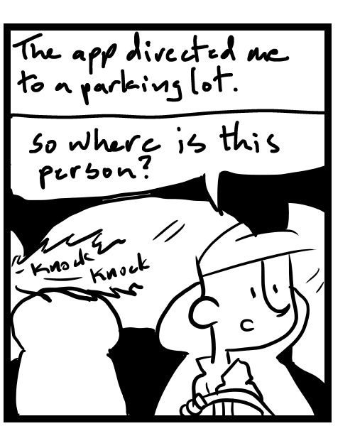 A four-panel comic about a person picking up a package in his car - Panel 2